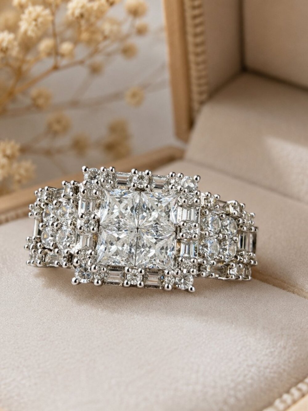 Princess Cut Ring With Genuine Diamond Accents | Size 5.75 | Vintage